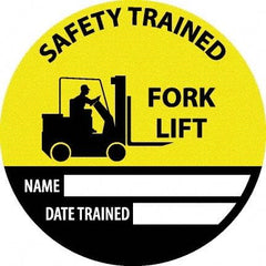 NMC - Safety Trained Fork Lift - Name ____ Date Trained ____, Hard Hat Label - Round, Yellow, Black, White, 0.004" Thick, Indoor or Outdoor, Adhesive Backed, For Accident Prevention - Americas Tooling