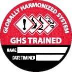 NMC - Globally Harmonized System GHS Trained - Name ____ Date Trained ____, Hard Hat Label - Round, Black & White on Red, 0.004" Thick, Indoor or Outdoor, Adhesive Backed, For Accident Prevention - Americas Tooling