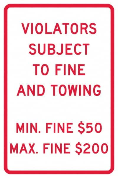 NMC - "Violators Subject To Fine And Towing, Min. Fine $50 Max Fine $200", 12" Wide x 18" High, Aluminum Reserved Parking Signs - 0.04" Thick, Red on White, Rectangle, Post Mount - Americas Tooling