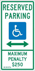 NMC - "Reserved Parking Maximum Penalty $250", "Double Arrow, Handicapped Symbol", 12" Wide x 24" High, Aluminum ADA Signs - 0.063" Thick, Green & Blue on White, Rectangle, Post Mount - Americas Tooling