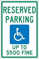 NMC - "Reserved Parking Up To $500 Fine", "Handicap Symbol", 12" Wide x 18" High, Aluminum ADA Signs - 0.063" Thick, Green & Blue on White, Rectangle, Post Mount - Americas Tooling