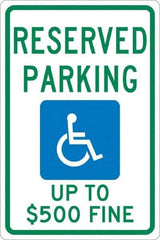 NMC - "Reserved Parking Up To $500 Fine", "Handicap Symbol", 12" Wide x 18" High, Aluminum ADA Signs - 0.04" Thick, Green & Blue on White, Rectangle, Post Mount - Americas Tooling