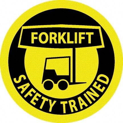 NMC - Forklift Safety Trained, Hard Hat Label - Black on Yellow, 0.045" Thick, For Accident Prevention - Americas Tooling