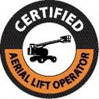 NMC - Certified Aerial Lift Operator, Hard Hat Label - Round, Black & Orange on White, 0.004" Thick, Indoor or Outdoor, Adhesive Backed, For Certified Operator - Americas Tooling