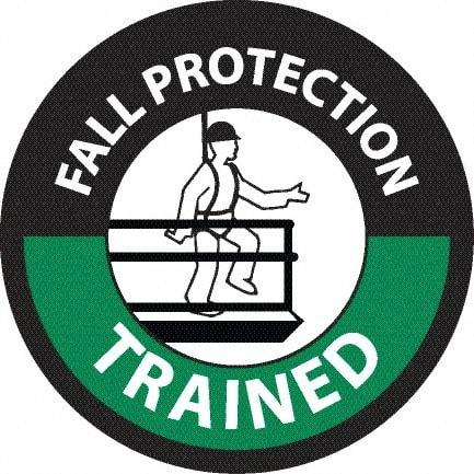 NMC - Fall Protection Trained, Hard Hat Label - Diamond, White & Green on Black, 0.004" Thick, Indoor or Outdoor, Adhesive Backed, For Accident Prevention - Americas Tooling