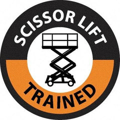 NMC - Scissor Lift Trained, Hard Hat Label - Round, Black & Orange on White, 0.004" Thick, Indoor or Outdoor, Adhesive Backed, For Accident Prevention - Americas Tooling