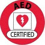 NMC - AED Certified, Hard Hat Label - Round, Black & Red on White, 0.004" Thick, Indoor or Outdoor, Adhesive Backed, For Certified Operator - Americas Tooling