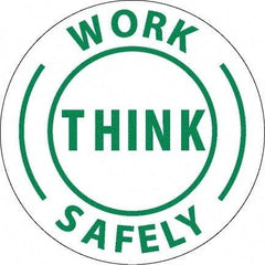 NMC - Work Think Safely, Hard Hat Label - Round, Green on White, 0.004" Thick, Indoor or Outdoor, Adhesive Backed, For Accident Prevention - Americas Tooling