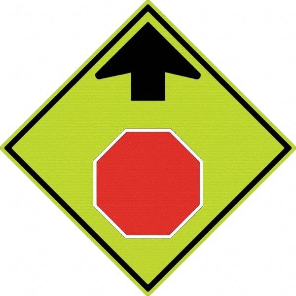 NMC - "Up Arrow, Stop Symbol", 30" Wide x 30" High, Aluminum Stop & Yield Signs - 0.08" Thick, Red & Black on Yellow, Diamond Grade Reflectivity, Diamond, Post Mount - Americas Tooling