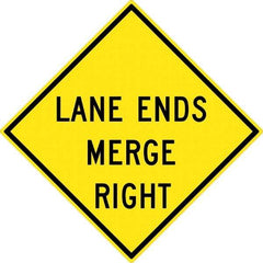 NMC - "Lane End Merge Right", 30" Wide x 30" High, Aluminum Traffic Control Signs - 0.08" Thick, Black on Yellow, High Intensity Reflectivity, Diamond, Post Mount - Americas Tooling