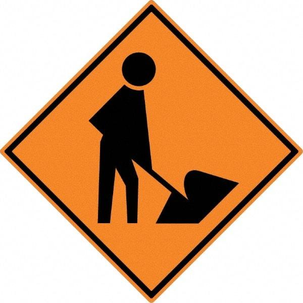 NMC - "Worker Digging", 30" Wide x 30" High, Aluminum Construction Roadway Signs - 0.08" Thick, Black on Orange, High Intensity Reflectivity, Diamond, Post Mount - Americas Tooling