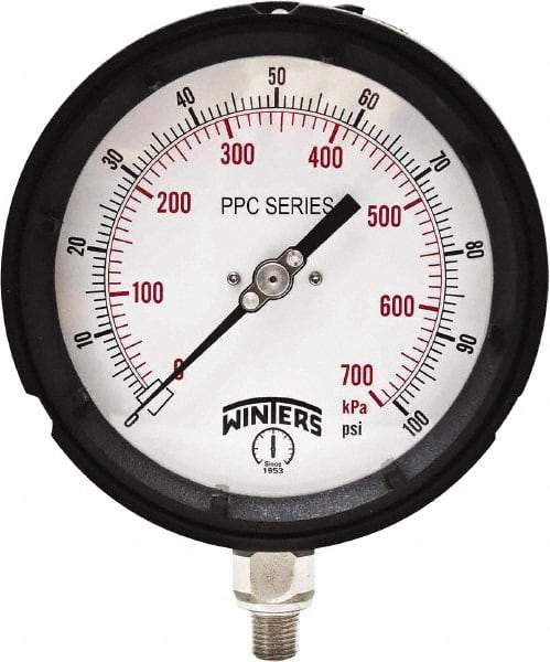 Winters - 4-1/2" Dial, 1/4 Thread, 0-100 Scale Range, Pressure Gauge - Bottom Connection Mount, Accurate to ±0.5% of Scale - Americas Tooling