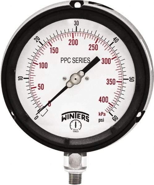 Winters - 4-1/2" Dial, 1/4 Thread, 0-60 Scale Range, Pressure Gauge - Bottom Connection Mount, Accurate to ±0.5% of Scale - Americas Tooling