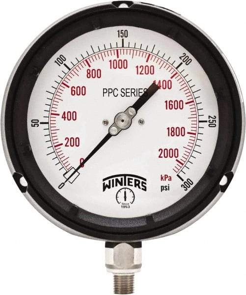 Winters - 4-1/2" Dial, 1/4 Thread, 0-300 Scale Range, Pressure Gauge - Bottom Connection Mount, Accurate to ±0.5% of Scale - Americas Tooling