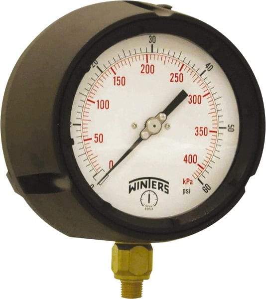 Winters - 4-1/2" Dial, 1/4 Thread, 0-60 Scale Range, Pressure Gauge - Bottom Connection Mount, Accurate to ±0.5% of Scale - Americas Tooling