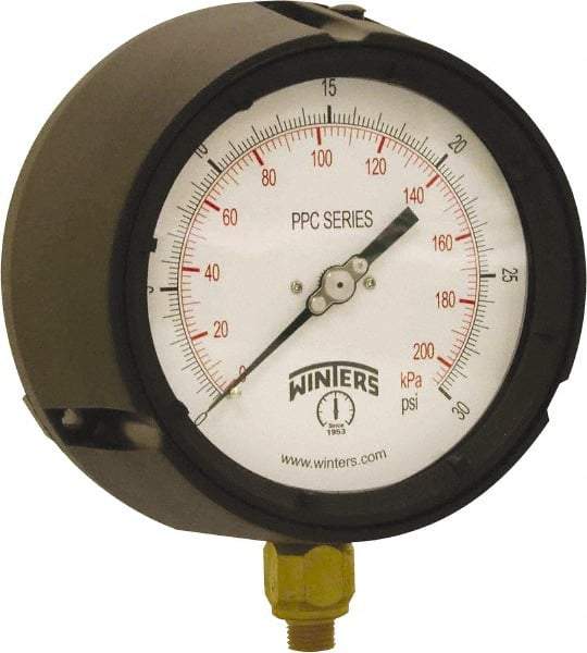 Winters - 4-1/2" Dial, 1/4 Thread, 0-30 Scale Range, Pressure Gauge - Bottom Connection Mount, Accurate to ±0.5% of Scale - Americas Tooling