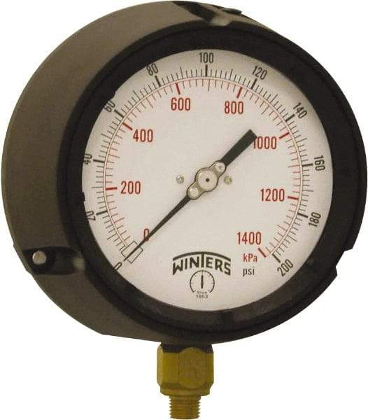 Winters - 4-1/2" Dial, 1/4 Thread, 0-200 Scale Range, Pressure Gauge - Bottom Connection Mount, Accurate to ±0.5% of Scale - Americas Tooling