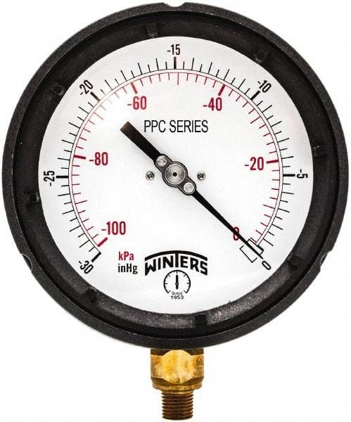 Winters - 4-1/2" Dial, 1/4 Thread, 30" HG Vac Scale Range, Pressure Gauge - Bottom Connection Mount, Accurate to ±0.5% of Scale - Americas Tooling