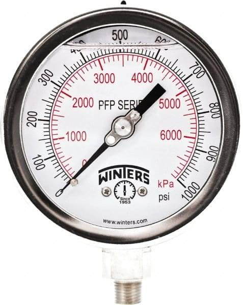 Winters - 4" Dial, 1/4 Thread, 0-1,000 Scale Range, Pressure Gauge - Bottom Connection Mount, Accurate to 0.01% of Scale - Americas Tooling