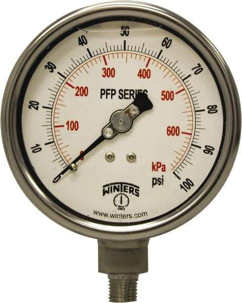 Winters - 4" Dial, 1/4 Thread, 0-100 Scale Range, Pressure Gauge - Bottom Connection Mount, Accurate to 1% Full-Scale of Scale - Americas Tooling