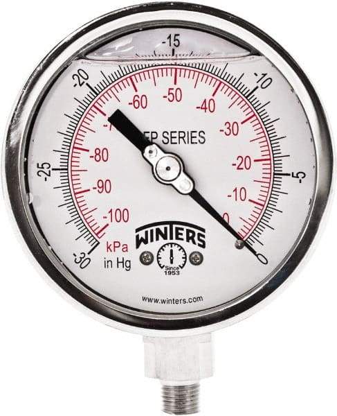 Winters - 4" Dial, 1/4 Thread, 30" HG Vac Scale Range, Pressure Gauge - Bottom Connection Mount, Accurate to 1% Full-Scale of Scale - Americas Tooling