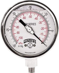 Winters - 4" Dial, 1/4 Thread, 30" HG Vac Scale Range, Pressure Gauge - Bottom Connection Mount, Accurate to 0.01% of Scale - Americas Tooling