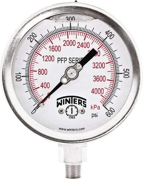 Winters - 4" Dial, 1/4 Thread, 0-600 Scale Range, Pressure Gauge - Bottom Connection Mount, Accurate to 0.01% of Scale - Americas Tooling