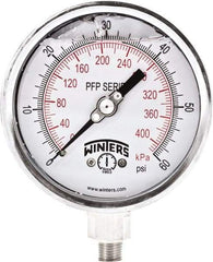 Winters - 4" Dial, 1/4 Thread, 0-60 Scale Range, Pressure Gauge - Bottom Connection Mount, Accurate to 1% Full-Scale of Scale - Americas Tooling