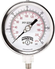 Winters - 4" Dial, 1/4 Thread, 0-30 Scale Range, Pressure Gauge - Bottom Connection Mount, Accurate to 0.01% of Scale - Americas Tooling