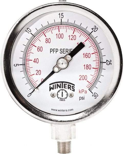 Winters - 4" Dial, 1/4 Thread, 0-30 Scale Range, Pressure Gauge - Bottom Connection Mount, Accurate to 1% Full-Scale of Scale - Americas Tooling