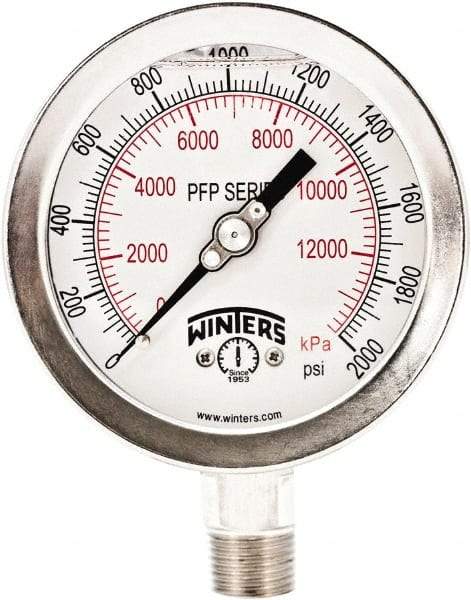 Winters - 4" Dial, 1/4 Thread, 0-2,000 Scale Range, Pressure Gauge - Bottom Connection Mount, Accurate to 1% Full-Scale of Scale - Americas Tooling