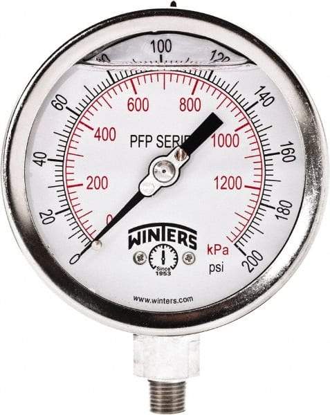 Winters - 4" Dial, 1/4 Thread, 0-200 Scale Range, Pressure Gauge - Bottom Connection Mount, Accurate to 1% Full-Scale of Scale - Americas Tooling