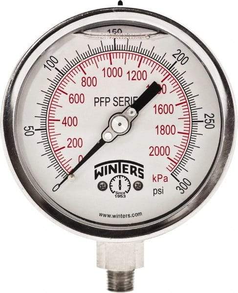 Winters - 4" Dial, 1/4 Thread, 0-300 Scale Range, Pressure Gauge - Bottom Connection Mount, Accurate to 1% Full-Scale of Scale - Americas Tooling