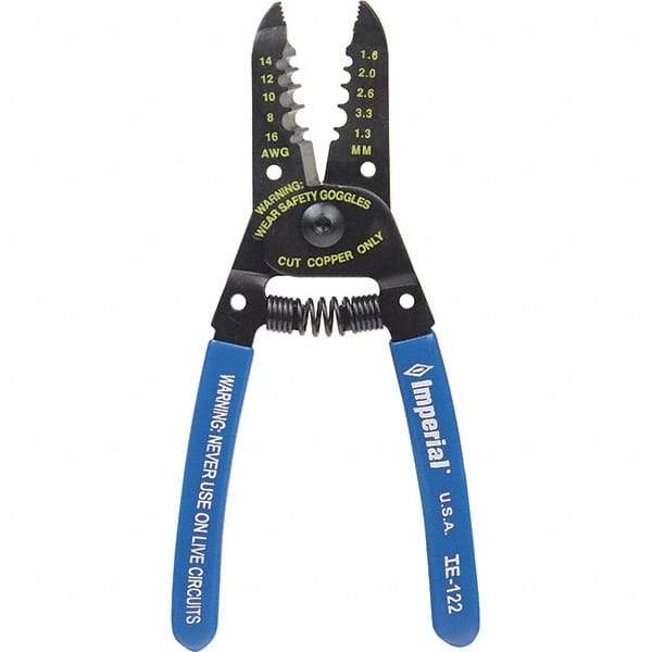 Imperial - 8 to 16 AWG Capacity Wire Stripper/Cutter - 6" OAL, Hardened Steel with Cushion Grip Handle - Americas Tooling