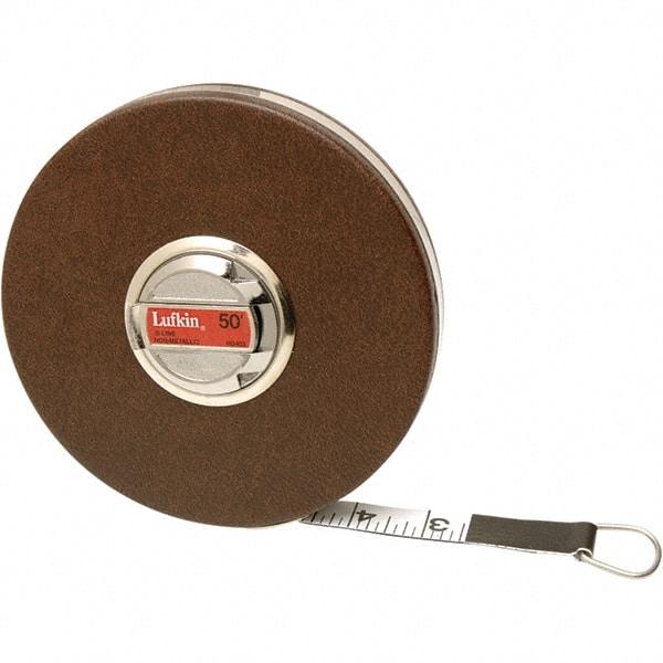 Lufkin - 50' x 5/8" White Fiberglass Blade Tape Measure - 1, 1/10 & 1/100" Graduation, Inch Graduation Style, Brown Vinyl Clad Steel Case - Americas Tooling