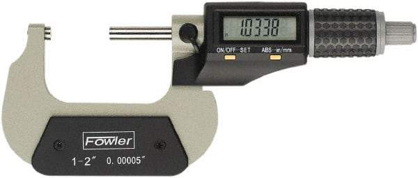 Fowler - 1 to 2" Range, 0.00005" Resolution, Standard Throat IP54 Electronic Outside Micrometer - 0.00016" Accuracy, Ratchet Stop Thimble, Carbide Face, CR2032 Battery - Americas Tooling