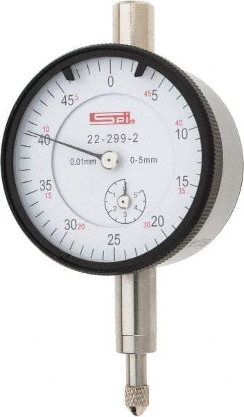 SPI - 5mm Range, 0-50 Dial Reading, 0.01mm Graduation Dial Drop Indicator - 42mm Dial, 0.5mm Range per Revolution, 0.016mm Accuracy, Includes NIST Traceability Certification - Americas Tooling