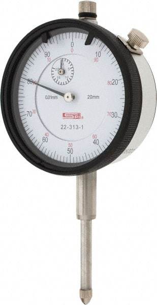 SPI - 20mm Range, 0-100 Dial Reading, 0.01mm Graduation Dial Drop Indicator - 58mm Dial, 1mm Range per Revolution, 0.025mm Accuracy, Revolution Counter, Includes NIST Traceability Certification - Americas Tooling