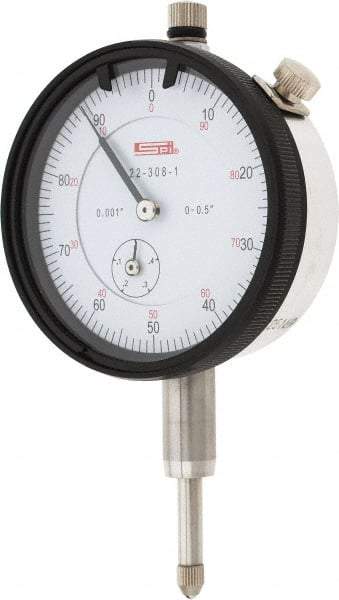 SPI - 1/2" Range, 0-100 Dial Reading, 0.001" Graduation Dial Drop Indicator - 2.2" Dial, 0.1" Range per Revolution, 0.002" Accuracy, Revolution Counter, Includes NIST Traceability Certification - Americas Tooling