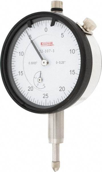 SPI - 1/4" Range, 0-25-0 Dial Reading, 0.0005" Graduation Dial Drop Indicator - 2.2" Dial, 0.05" Range per Revolution, 0.0015" Accuracy, Revolution Counter, Includes NIST Traceability Certification - Americas Tooling