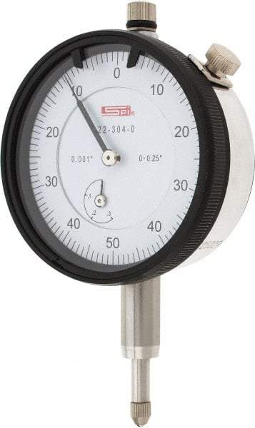 SPI - 1/4" Range, 0-50-0 Dial Reading, 0.001" Graduation Dial Drop Indicator - 2.2" Dial, 0.1" Range per Revolution, 0.002" Accuracy, Revolution Counter, Includes NIST Traceability Certification - Americas Tooling