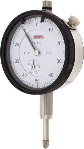 SPI - 1/2" Range, 0-50-0 Dial Reading, 0.001" Graduation Dial Drop Indicator - 2.2" Dial, 0.1" Range per Revolution, 0.002" Accuracy, Revolution Counter, Includes NIST Traceability Certification - Americas Tooling