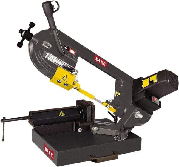 Dake - 8 x 5" Max Capacity, Manual Geared Head Horizontal Bandsaw - 262 & 196 SFPM Blade Speed, 110 Volts, 45°, 2 hp, 1 Phase - Americas Tooling