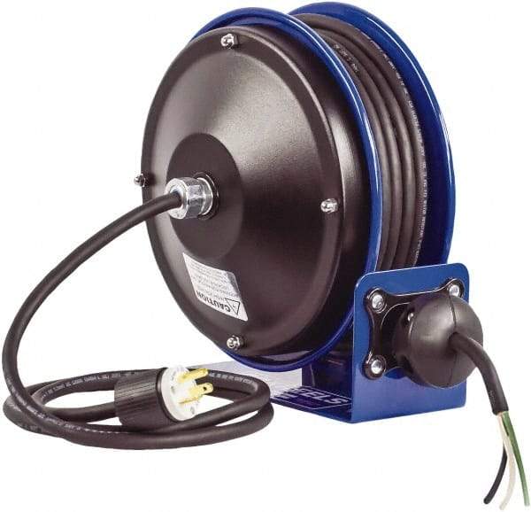 CoxReels - 16 AWG, 30' Cable Length, Cord & Cable Reel with Bare End - 0 Outlets, 13 Amps, 300 Volts, SJO Cable, Blue Reel, Spring Driven Reel - Americas Tooling