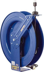 CoxReels - 12 AWG, 100' Cable Length, Cord & Cable Reel with Quad Outlet End - 4 Outlets, NEMA 5-20R, 20 Amps, 115 Volts, SJO Cable, Blue Reel, Spring Driven Reel - Americas Tooling