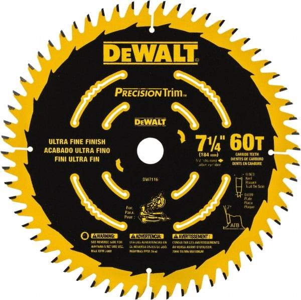 DeWALT - 7-1/4" Diam, 5/8" Arbor Hole Diam, 60 Tooth Wet & Dry Cut Saw Blade - Tungsten Carbide-Tipped, Smooth Action, Standard Round Arbor - Americas Tooling