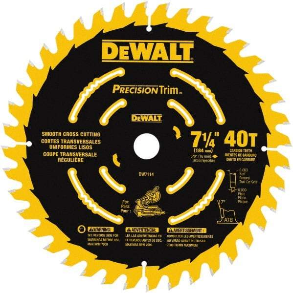 DeWALT - 7-1/4" Diam, 5/8" Arbor Hole Diam, 40 Tooth Wet & Dry Cut Saw Blade - Tungsten Carbide-Tipped, Smooth Action, Standard Round Arbor - Americas Tooling