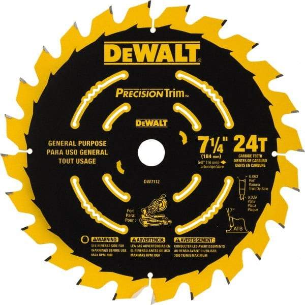 DeWALT - 7-1/4" Diam, 5/8" Arbor Hole Diam, 24 Tooth Wet & Dry Cut Saw Blade - Tungsten Carbide-Tipped, Smooth Action, Standard Round Arbor - Americas Tooling