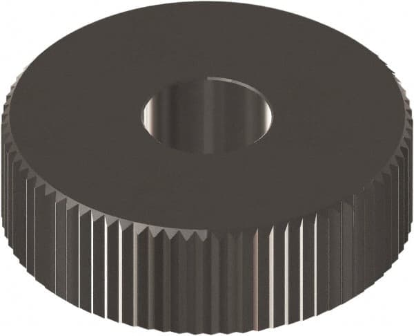 Made in USA - 3/4" Diam, 90° Tooth Angle, 12 TPI, Beveled Face, Form Type Cobalt Straight Knurl Wheel - 3/8" Face Width, 1/4" Hole, Circular Pitch, 0° Helix, Ferritic Nitrocarburizing Finish, Series KP - Exact Industrial Supply