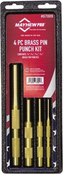 Mayhew - 4 Piece, 1/8 to 7/16", Pin Punch Set - Round Shank, Brass, Comes in Kit Bag - Americas Tooling